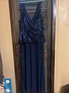 R&M Richards Navy Sequin V-Neck Maxi Dress